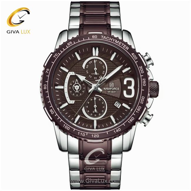 ساعت مچی اورجینال مردانه ناوی فورس|Naviforce|نوی فورس|نیوی فورس سه موتوره کرنوگراف کافی | نقره ای| کافی| کد رفرنس NF8017